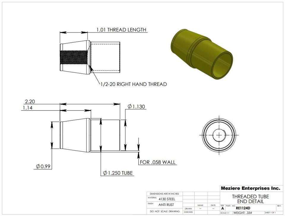 Extremo de tubo, se adapta a tubo de 1-1/4" x .058, rosca 1/2-20