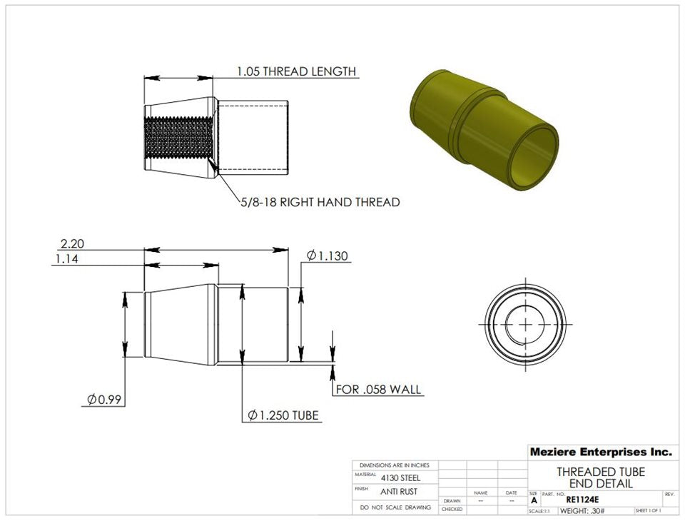 Tube End, fits 1-1/4" x .058 tube, 5/8-18 thread