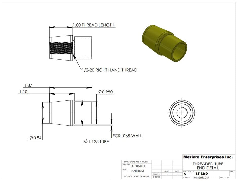 Tube End, fits 1-1/8" x .065 tube, 1/2-20 thread