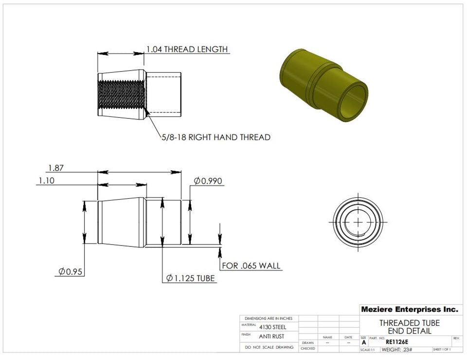 Rohrende, passend für 1-1/8" x .065 Rohr, 5/8-18 Gewinde
