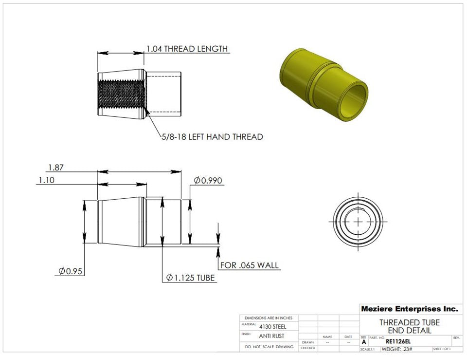 Tube End, fits 1-1/8" x .065 tube, 5/8-18 left thread