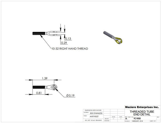 Threaded Clevis, 10-32 RH Thread, Stainless Steel