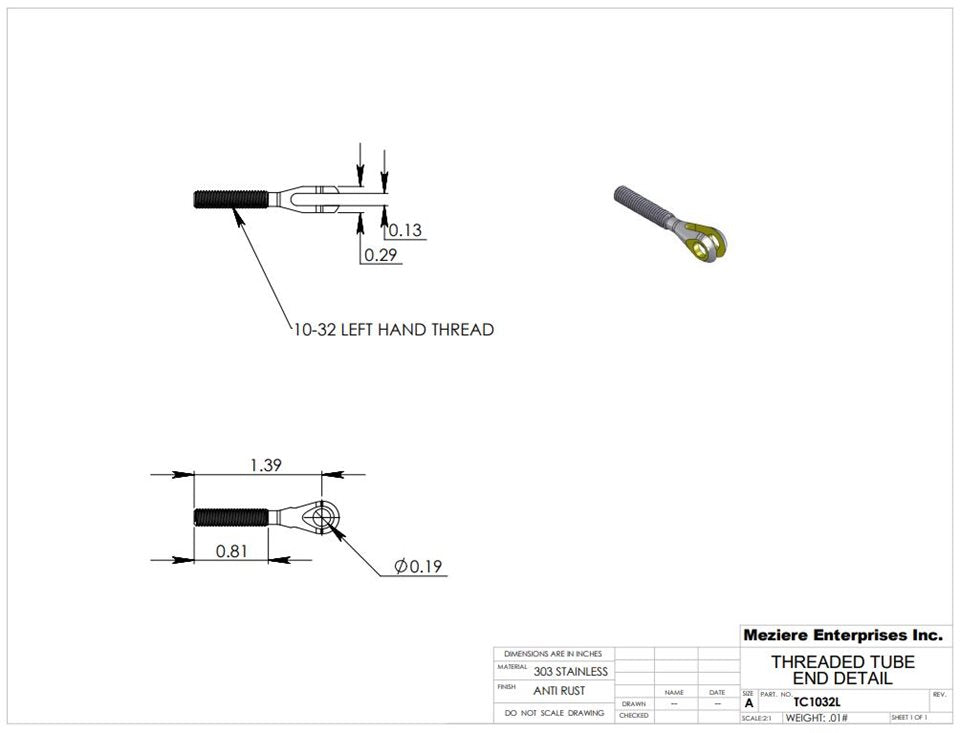 Threaded Clevis, 10-32 LH Thread, Stainless Steel