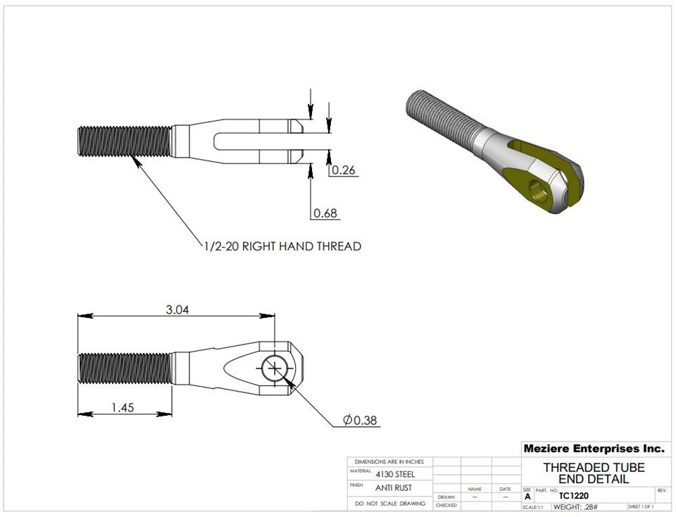 Threaded Clevis, 1/2-20 RH Thread, Alloy Steel