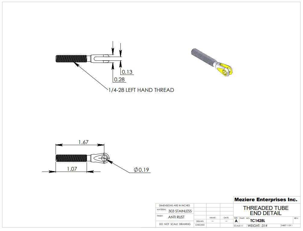 Threaded Clevis, 1/4-28 LH Thread, Stainless Steel