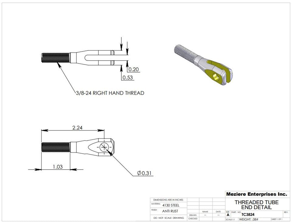 Threaded Clevis, 3/8-24 RH Thread, Alloy Steel