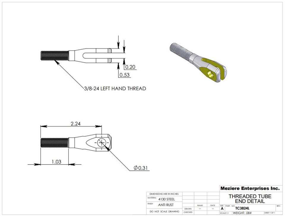 Threaded Clevis, 3/8-24 LH Thread, Alloy Steel