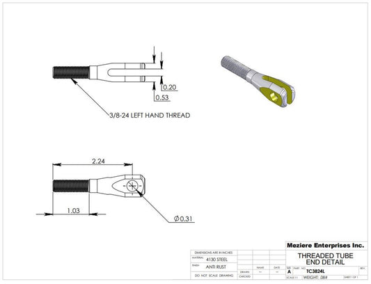 Threaded Clevis, 3/8-24 LH Thread, Alloy Steel
