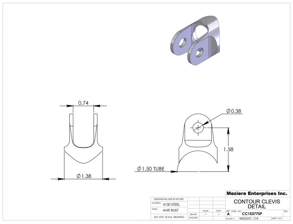 Contour Clevis, fits 1.50" tube, slot feature perpendicular