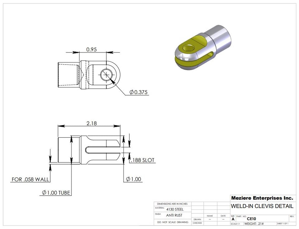 Clevis End, Fits 1" x .058 Tube, .195 Slot, .375 Cross Hole