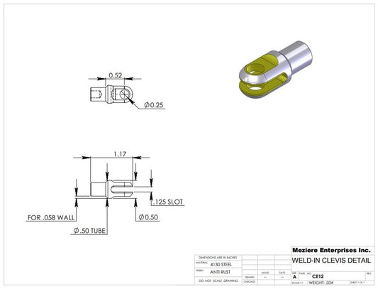 Clevis End, Fits 1/2" x .058 Tube, .130 Slot, .250 Cross Hole
