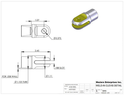 Clevis End, Fits 1.125" x .083 Tube, .260 Slot, .375 Cross Hole