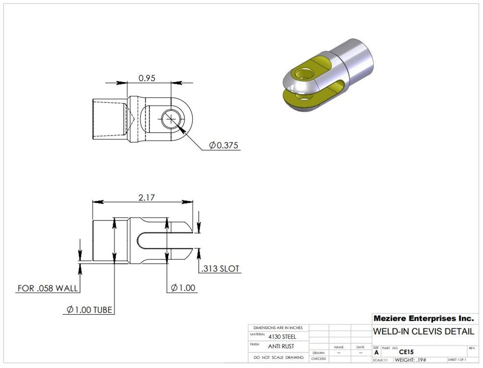 Clevis End, Fits 1" x .058 Tube, .318 Slot, .375 Cross Hole