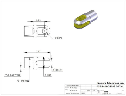 Clevis End, Fits 1" x .058 Tube, .318 Slot, .375 Cross Hole