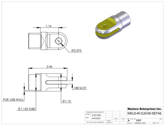 Clevis End, Fits 1.125" x .058 Tube, .195 Slot, .375 Cross Hole