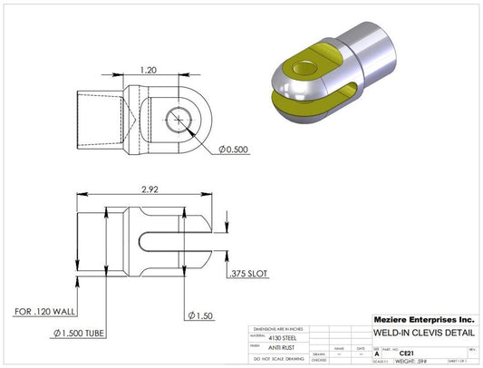 Clevis End, Fits 1.50" x .120 Tube, .385 Slot, .500 Cross Hole