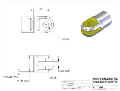 Clevis End, Fits 1.50" x .065 Tube, .385 Slot, .500 Cross Hole