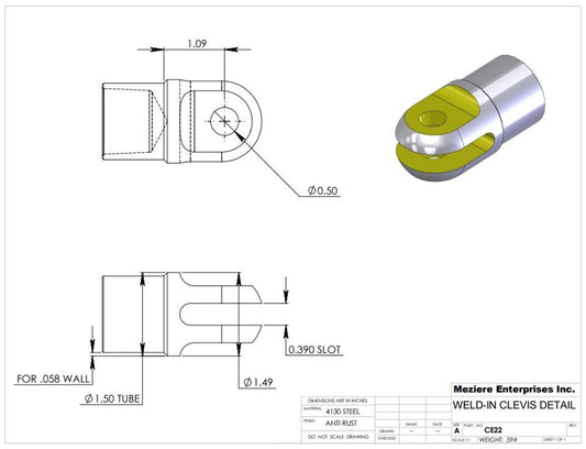 Clevis End, Fits 1.50" x .065 Tube, .385 Slot, .500 Cross Hole