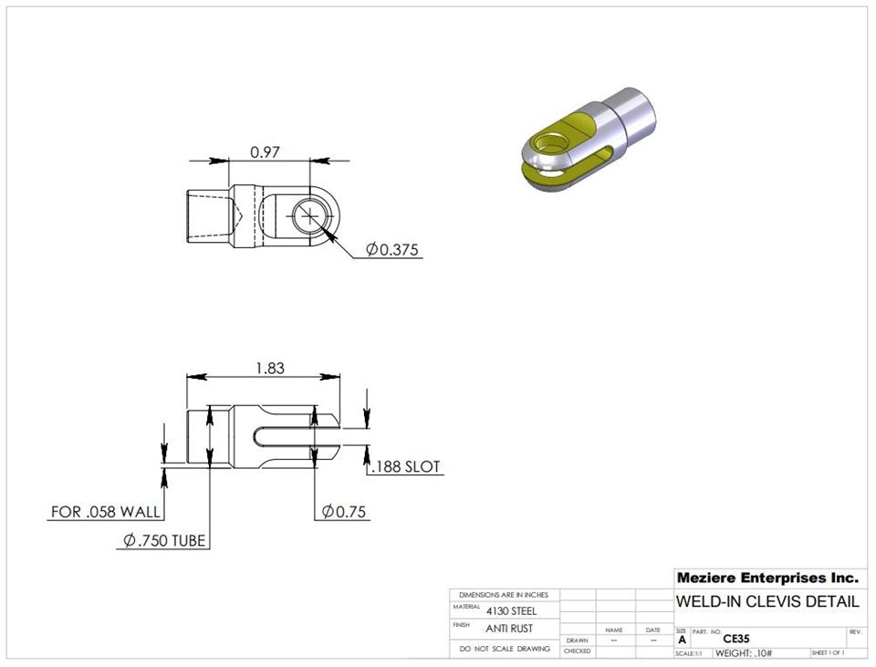 Clevis End, Fits 3/4" x .058 Tube, .195 Slot, .375 Cross Hole