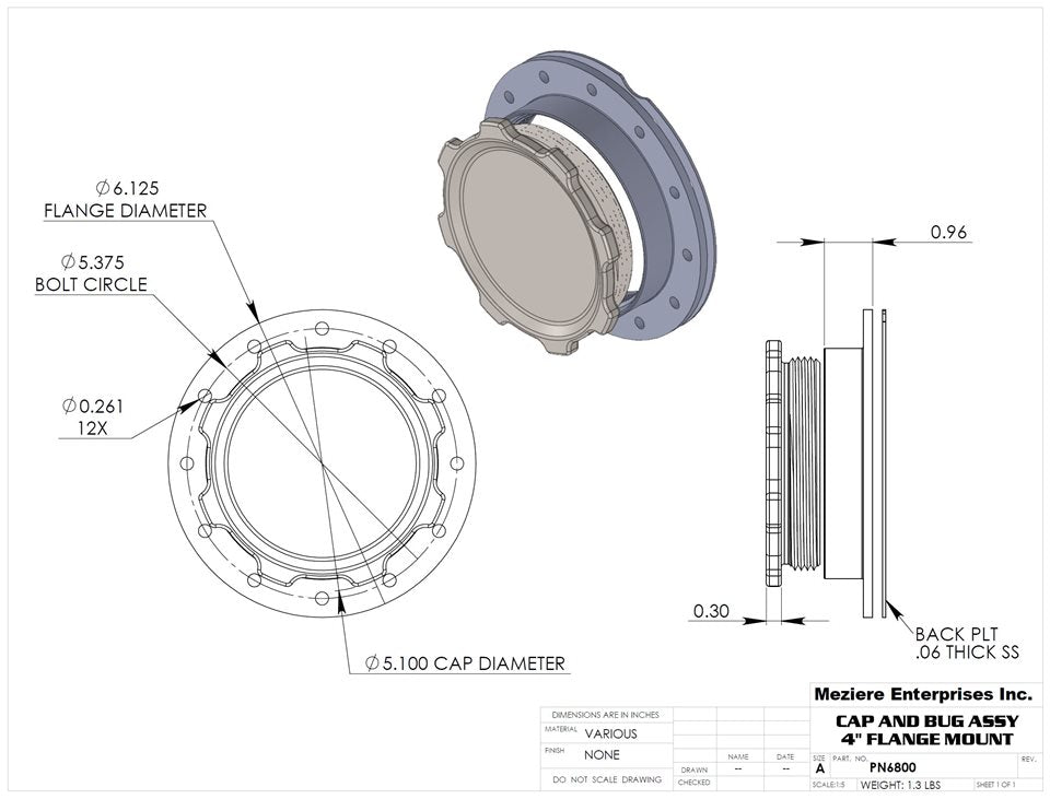Cap and Bung Assy, 4 Inch Fuel Cell, Bolted Flange
