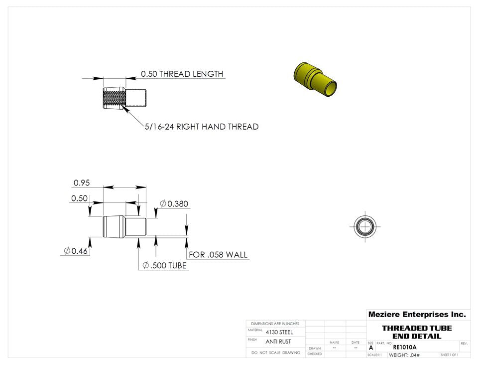 Tube End, fits 1/2" x .058 tube, 5/16-24 thread