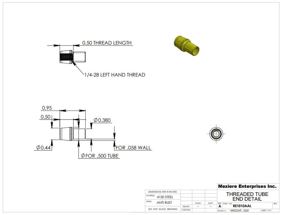 Tube End, fits 1/2" x .058 tube, 1/4-28 left thread