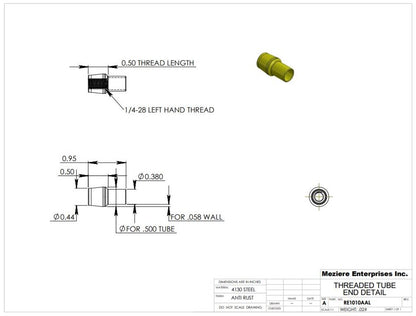 Tube End, fits 1/2" x .058 tube, 1/4-28 left thread
