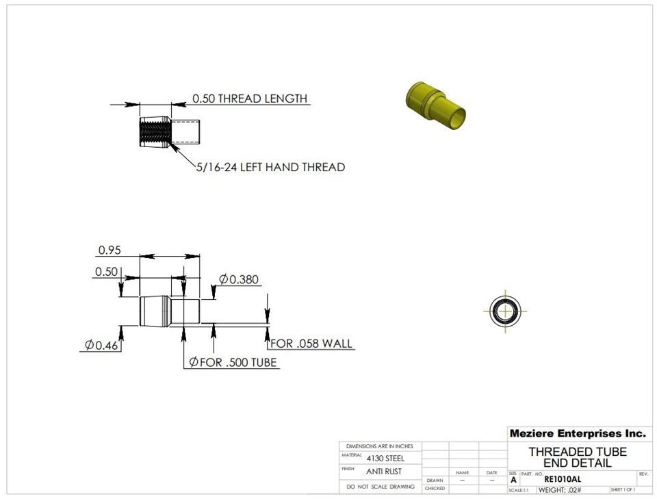 Tube End, fits 1/2" x .058 tube, 5/16-24 left thread