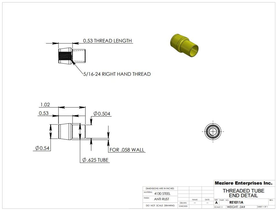 Tube End, fits 5/8" x .058 tube, 5/16-24 thread