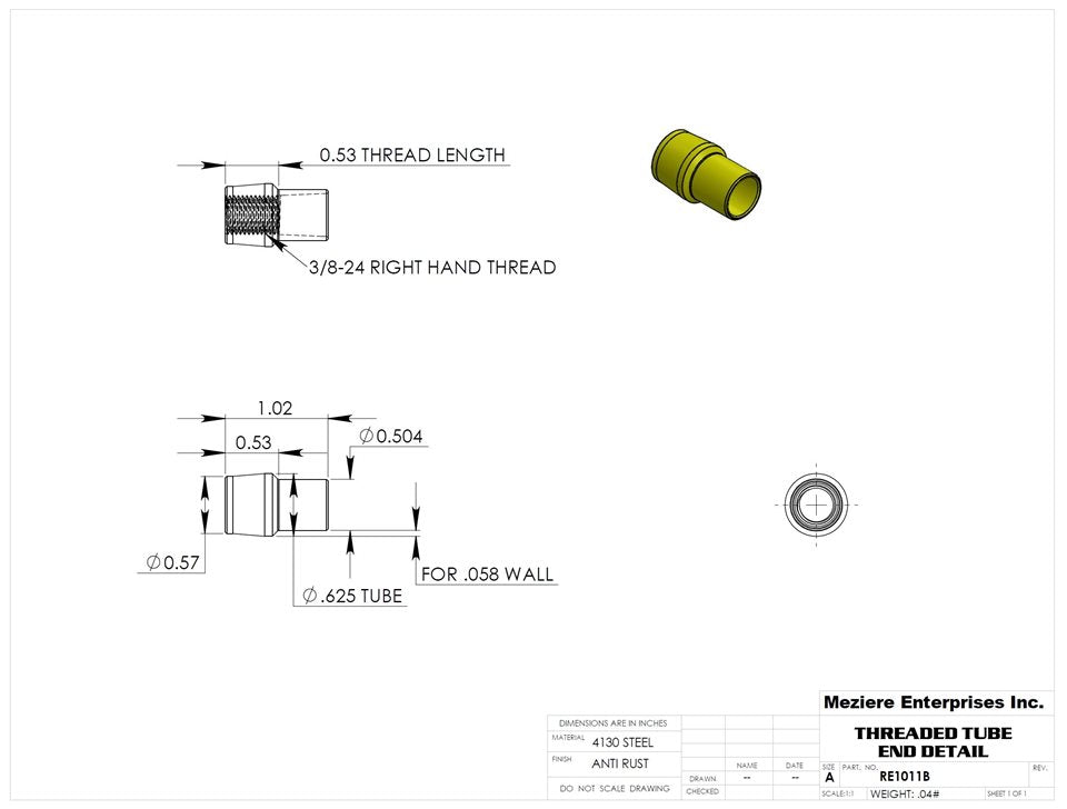 Tube End, fits 5/8" x .058 tube, 3/8-24 thread