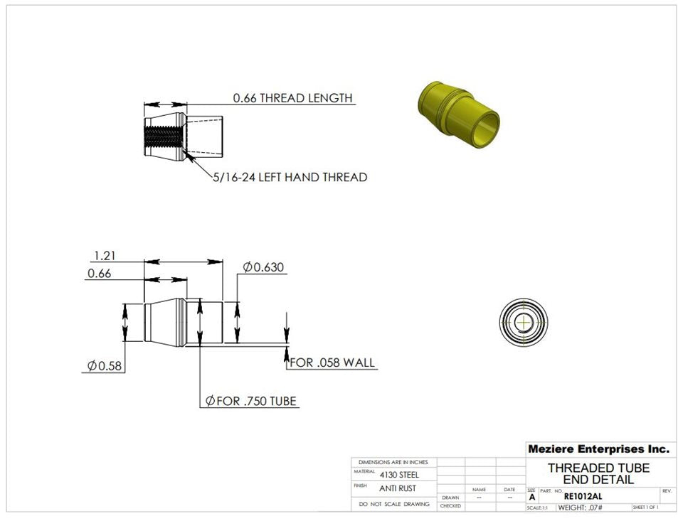 Tube End, fits 3/4" x .058 tube, 5/16-24 left thread