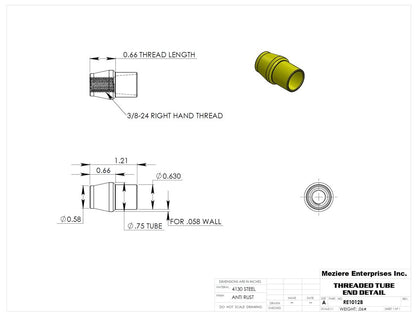 Tube End, fits 3/4" x .058 tube, 3/8-24 thread