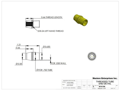 Tube End, fits 3/4" x .058 tube, 3/8-24 left thread
