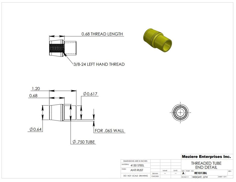 Tube End, fits 3/4" x .065 tube, 3/8-24 left thread