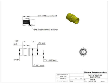 Tube End, fits 3/4" x .065 tube, 3/8-24 left thread