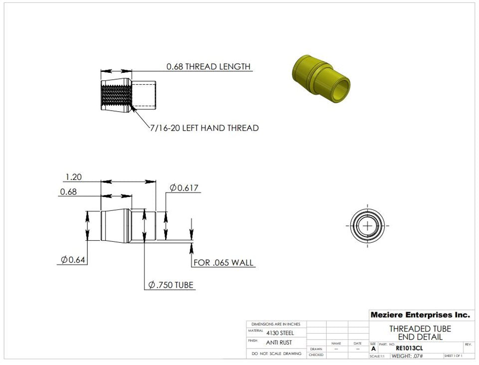 Tube End, fits 3/4" x .065 tube, 7/16-20 left thread