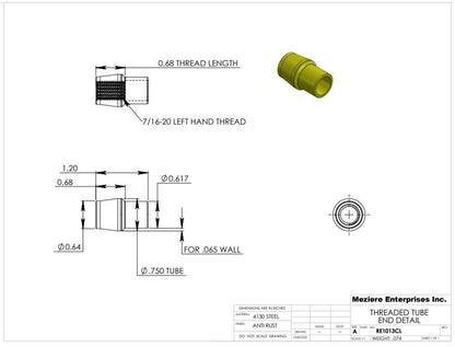 Tube End, fits 3/4" x .065 tube, 7/16-20 left thread
