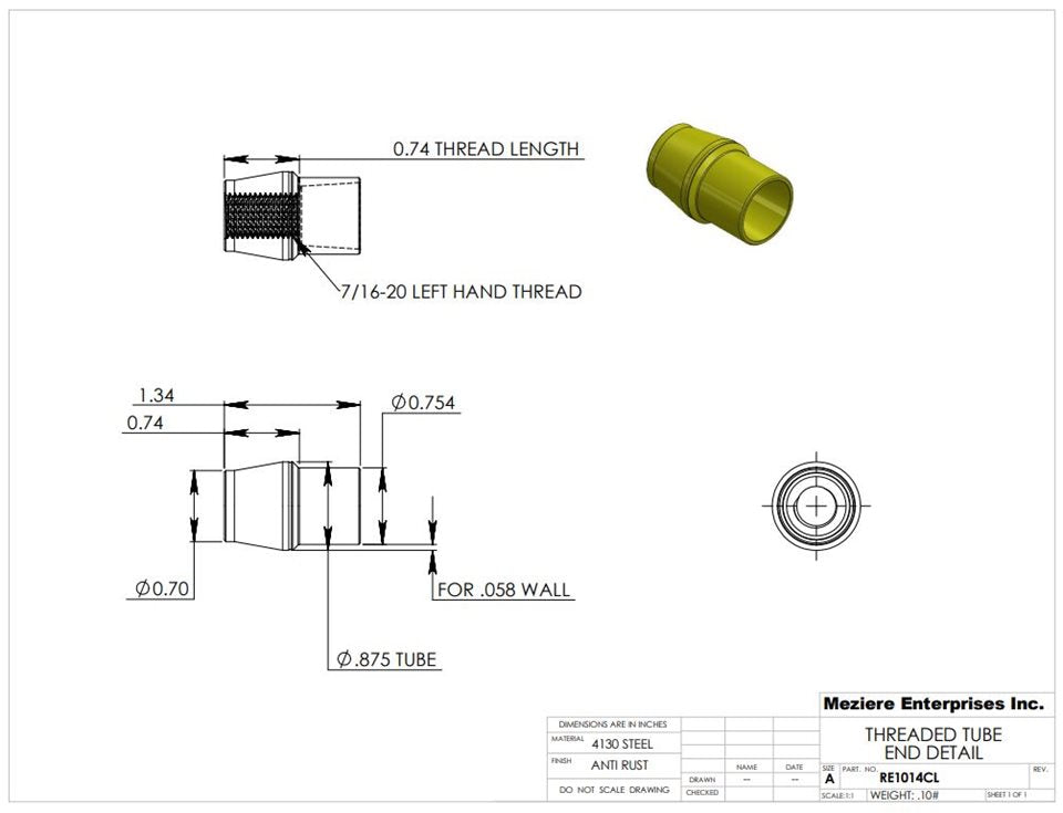 Tube End, fits 7/8" x .058 tube, 7/16-20 left thread