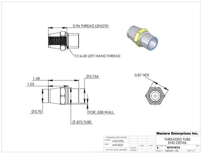 Tube End with hex, fits 7/8" x .058 tube, 7/16-20 left thread