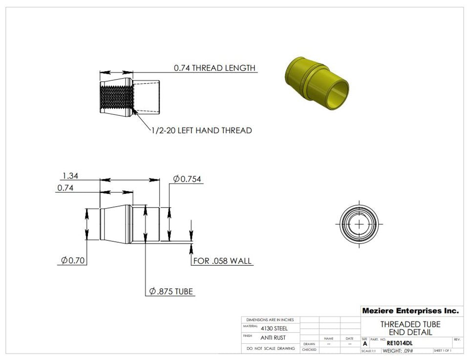 Extremo de tubo, se adapta a tubo de 7/8" x .058, rosca izquierda de 1/2-20
