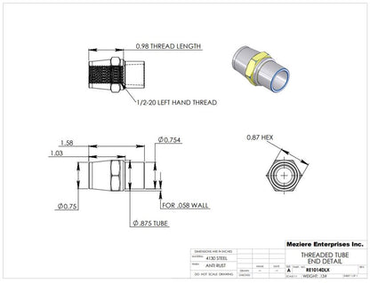 Extremo de tubo con hexágono interior, compatible con tubo de 7/8" x .058, rosca izquierda de 1/2-20