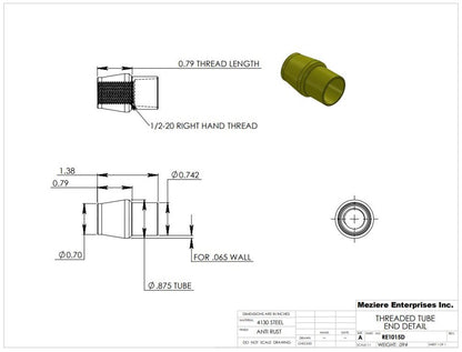 Tube End, fits 7/8" x .065 tube, 1/2-20 thread