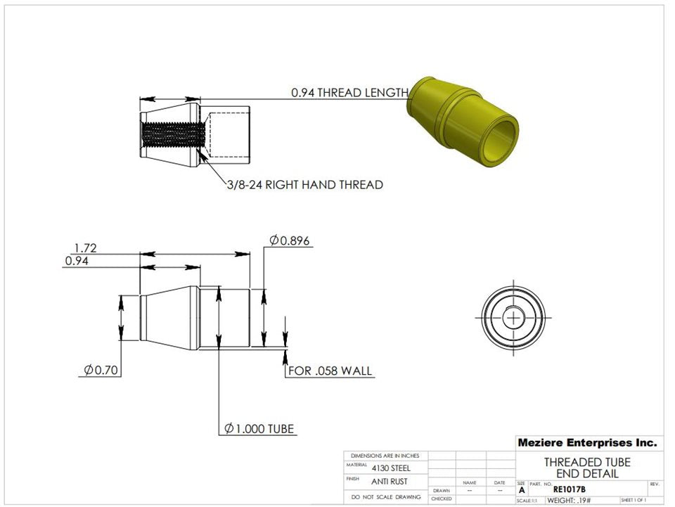 Tube End, fits 1" x .058 tube, 3/8-24 thread