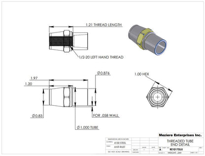 Extremo de tubo con hexágono interior, compatible con tubo de 1" x .058, rosca izquierda de 1/2-20
