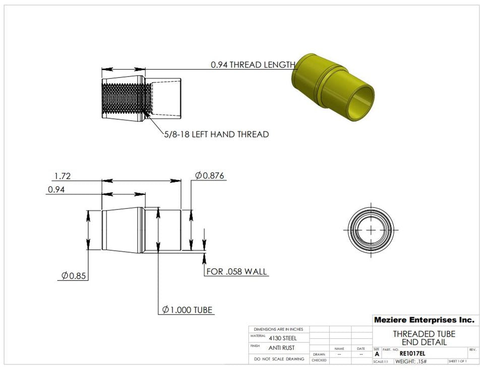 Tube End, fits 1" x .058 tube, 5/8-18 left thread