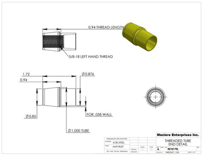Tube End, fits 1" x .058 tube, 5/8-18 left thread