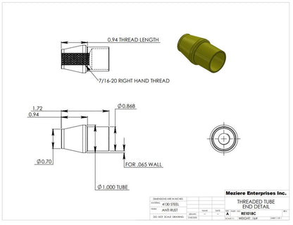Tube End, fits 1" x .065 tube, 7/16-20 thread