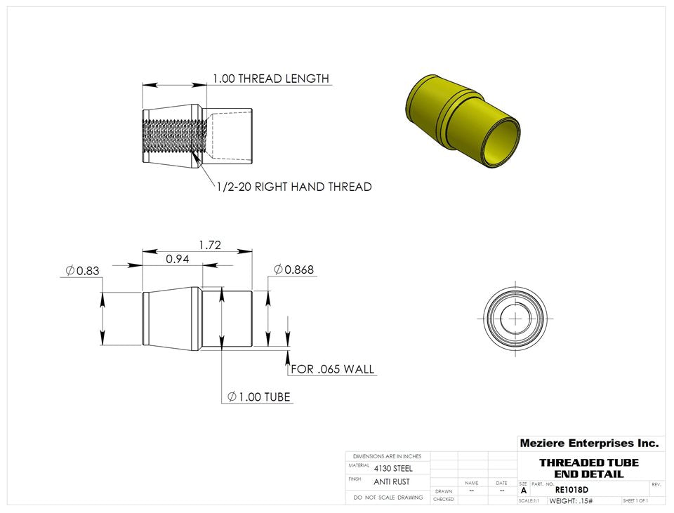 Tube End, fits 1" x .065 tube, 1/2-20 thread