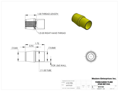 Tube End, fits 1" x .065 tube, 1/2-20 thread