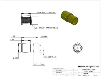 Rohrende, passend für 1" x .065 Rohr, 5/8-18 Gewinde